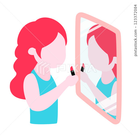 一名白人女子在鏡子中化妝的鳥瞰圖_化妝過程中/補妝的圖像 123372084