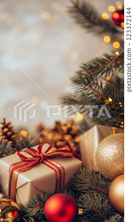 Luxurious Christmas decorations surrounded by festive lights and golden tones, ideal for upscale holiday advertising and promotions. Luxurious Christmas decorations surrounded by festive lights and golden tones, ideal for upscale holiday advertising and promotions. 123372144
