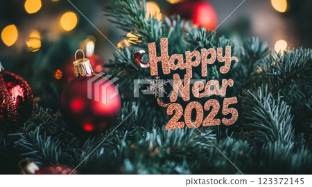 Red and golden New Year ornaments on a Christmas tree with soft glowing background. 123372145