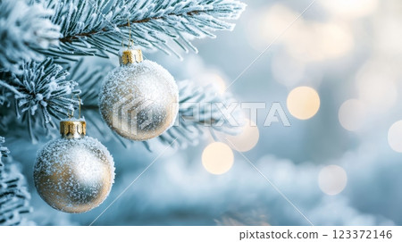 Close-up of frosty Christmas baubles on snow-covered pine branches Close-up of frosty Christmas baubles on snow-covered pine branches 123372146