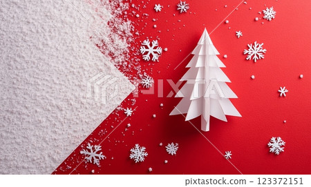 Creative Christmas tree design on a red and white background with falling snowflakes. Minimalist and modern holiday concept. 123372151