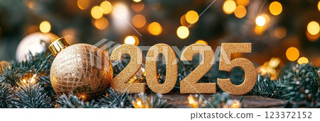 2025 inscribed on a festive Christmas bauble, surrounded by twinkling holiday lights and snowy branches, perfect for seasonal greetings. 2025 inscribed on a festive Christmas bauble, surrounded by twinkling holiday lights and snowy branches, perfect for seasonal greetings. 123372152