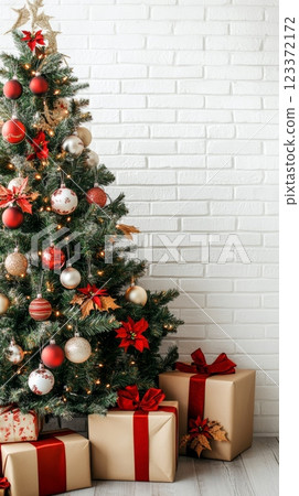 Snowy Christmas tree with red and gold ornaments next to presents in a cozy interior with a blue wall. Perfect for holiday celebrations and greetings 123372172