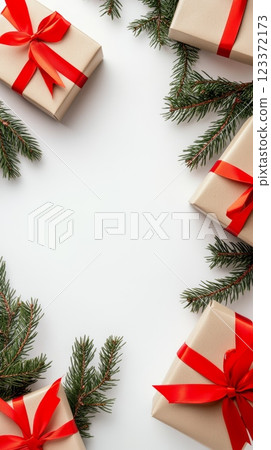 Christmas gift arrangement with space for text, surrounded by festive pine and ribbons. 123372173