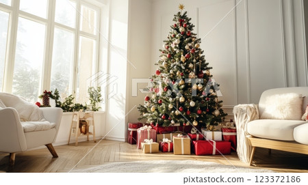 Stylish Christmas tree with golden and red ornaments and gifts in a cozy room setting. Ideal for seasonal decoration ideas. 123372186