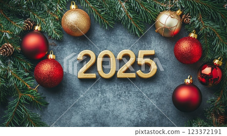 2025 New Year celebration background with Christmas ornaments. Ideal for holiday promotions and new year greetings. 2025 New Year celebration background with Christmas ornaments. Ideal for holiday promotions and new year greetings. 123372191