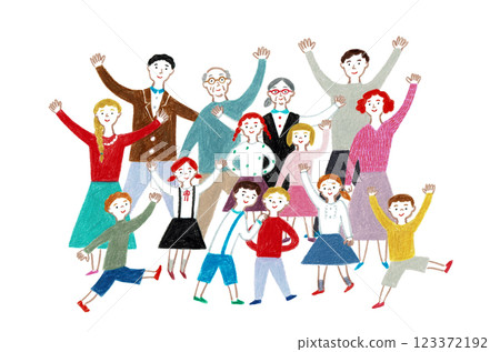 Hand-drawn illustration: Children and adults smiling and waving 123372192
