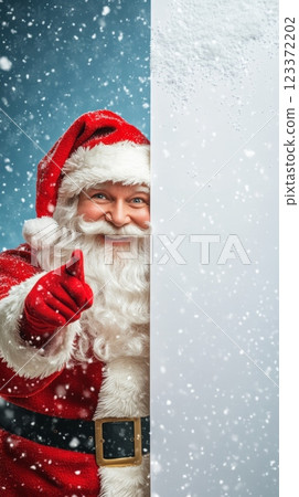 Santa Claus excitedly pointing at a blank sign amid falling snow, perfect for festive marketing. 123372202