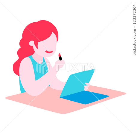 Aerial view of a Caucasian woman applying makeup, touching up makeup, makeup artist Aerial view of a Caucasian woman applying makeup, touching up makeup, makeup artist 123372304