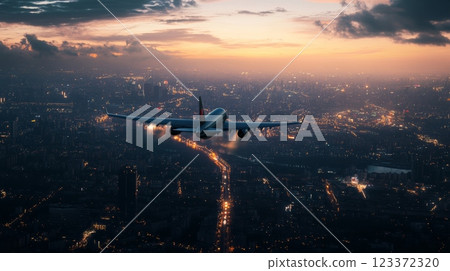 Passenger airplane is flying over a city illuminated by the lights of the evening rush hour, with a beautiful sunset in the background Passenger airplane is flying over a city illuminated by the lights of the evening rush hour, with a beautiful sunset in the background 123372320