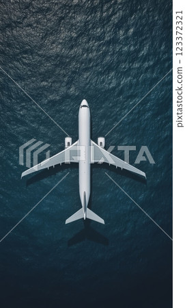 White passenger airplane soars gracefully above the blue ocean, casting a dancing shadow on the water's surface, symbolizing freedom and the excitement of travel White passenger airplane soars gracefully above the blue ocean, casting a dancing shadow on the water's surface, symbolizing freedom and the excitement of travel 123372321