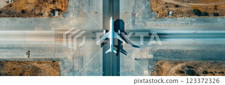 Sleek white passenger airplane parked on the airport runway, ready for departure, viewed from above. Evoking anticipation and adventure with modern aviation vibes Sleek white passenger airplane parked on the airport runway, ready for departure, viewed from above. Evoking anticipation and adventure with modern aviation vibes 123372326