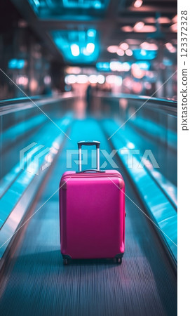 Pink suitcase is standing on a moving travelator in an airport terminal, ready for a business trip or holiday vacation 123372328