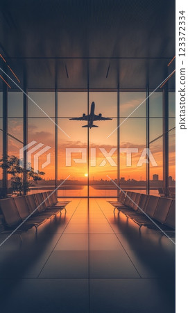 Passenger jet glides over an airport at sunset, seen from a quiet departure lounge with warm evening hues casting a golden glow on the modern terminal. Perfect for travel concepts 123372334