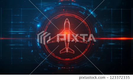 Airplane emerges from a futuristic interface with data flowing around it, symbolizing the interconnected world of aviation 123372335