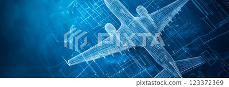 Wireframe airplane model emerging from an architectural blueprint with a technological look, suggesting innovation in the aeronautical sector 123372369