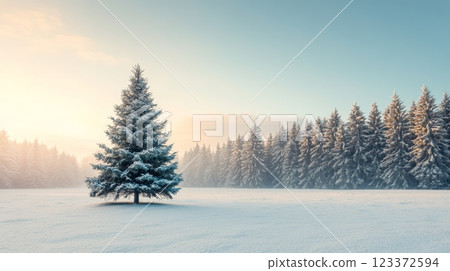 Snowy landscape with a beautifully decorated Christmas tree in golden sunrise light. 123372594