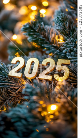 Vertical shot of the number 2025 in gold on a decorated Christmas tree, suitable for holiday-themed vertical banners. Vertical shot of the number 2025 in gold on a decorated Christmas tree, suitable for holiday-themed vertical banners. 123372595