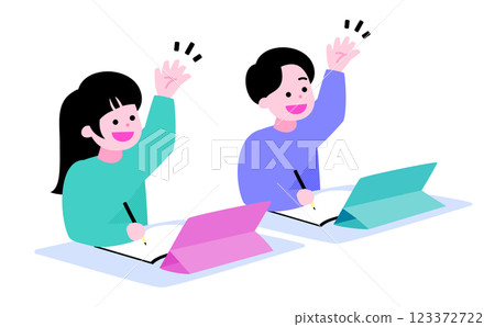 Illustration of elementary school children studying and learning by writing on tablets and notebooks at cram schools and classes, raising their hands_children's ICT education 123372722