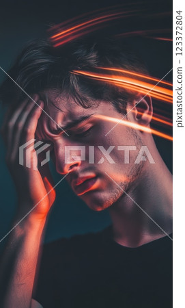 Young man holding his head in pain, reflecting sadness and despair. Emotions show stress, anxiety, and suffering. Abstract red background conveys illness 123372804