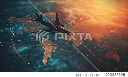 Passenger jet is flying over a digital world map, connecting the continents with its travel path. The sun is setting in the background, creating a warm and inviting atmosphere Passenger jet is flying over a digital world map, connecting the continents with its travel path. The sun is setting in the background, creating a warm and inviting atmosphere 123372896