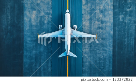 Passenger airplane taxis on the runway at dusk, ready for departure, showcasing its sleek design against the evening sky, evoking anticipation for the journey ahead 123372922