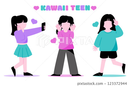 Full-body illustration of cute teenage elementary and junior high school girls friends without faces Full-body illustration of cute teenage elementary and junior high school girls friends without faces 123372944