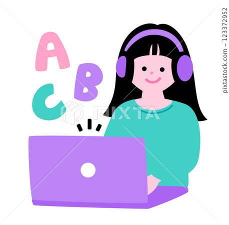 Japanese elementary school student wearing headphones and learning English on a computer: Distance learning, children's study illustration 123372952