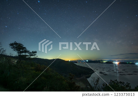 Beautiful starry sky over the ocean in Okayama, Japan 123373013