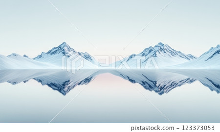 Snowy mountain peaks rising majestically above a tranquil lake, reflecting perfectly in the still water beneath a soft pastel sky, create a serene and minimalist winter landscape 123373053