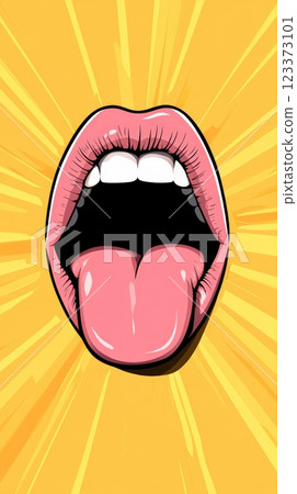 Pop art illustration of open mouth showing tongue and teeth with yellow radial burst background, ideal for concepts related to communication, expression, and pop culture 123373101