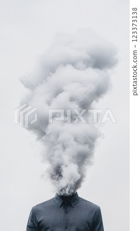 Businessman suffering from stress and burnout with his head exploding into a cloud of smoke, symbolizing information overload, mental health issues, and the challenges of modern life 123373138