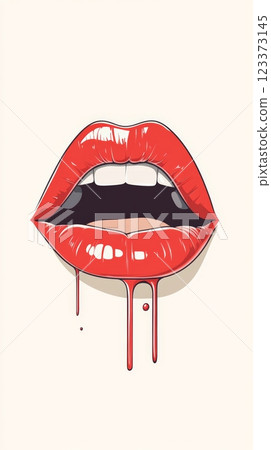 Open red lips glistening with glossy lipstick and dripping allure, revealing bright teeth, embodying themes of beauty, cosmetology, and lip augmentation in a vibrant, modern style 123373145