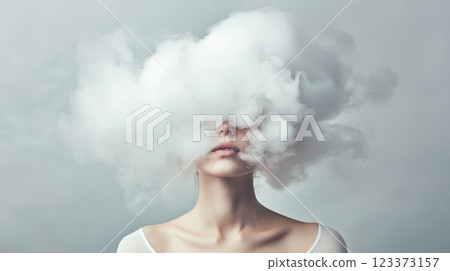 Surreal portrait of a young woman with a cloud of smoke covering her head, symbolizing information overload, stress, burnout, and mental health issues 123373157