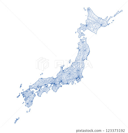 日本地圖的網路圖像、日本列島地圖、通訊、基礎設施、物流圖像、白色背景 日本地圖的網路圖像、日本列島地圖、通訊、基礎設施、物流圖像、白色背景 123373192