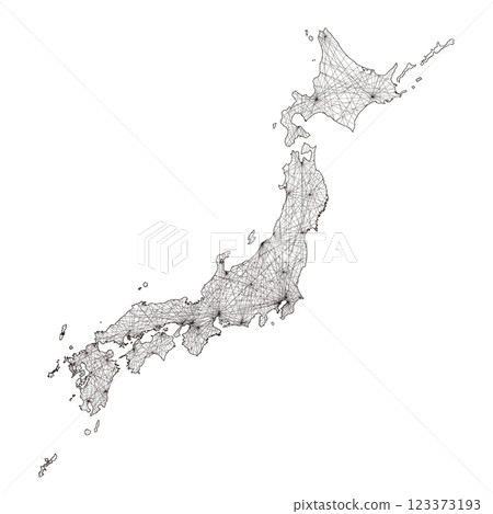 日本地圖的網路圖像、日本列島地圖 通訊、基礎設施、物流圖像 單色線描 白色背景 日本地圖的網路圖像、日本列島地圖 通訊、基礎設施、物流圖像 單色線描 白色背景 123373193