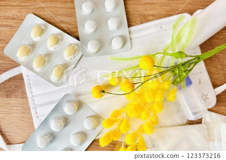 Image of hay fever, mask and medicine Image of hay fever, mask and medicine 123373216