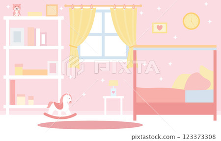Flat Design Illustration of Cute Pink Bedroom Landscape for Kid Little Girl with Girly Decoration 123373308