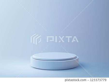 minimalist light blue 3d round tiered platform on matching blue background, modern product display mockup 123373779
