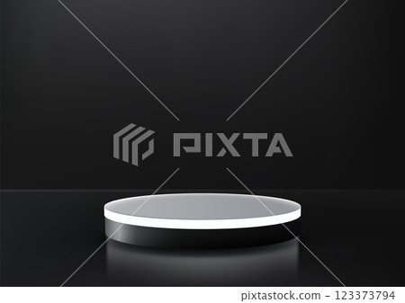 modern illuminated circular platform on dark surface, 3d futuristic product display mockup for showcase 123373794