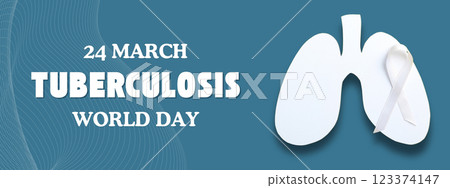 World Tuberculosis Day, white paper lungs and ribbon on a blue background, with text 123374147