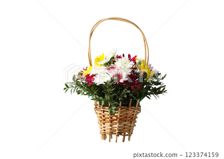 Bouquet of flowers in a wicker basket, isolated on white background, PNG 123374159