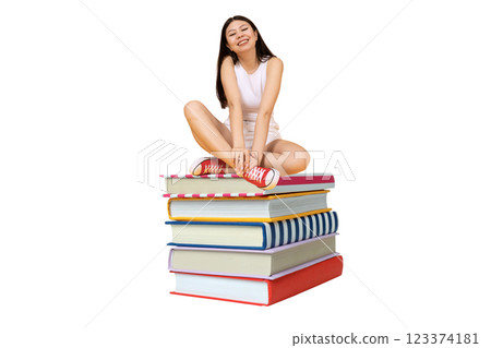 PNG, collage poster, girl sitting on a stack of books, isolated on white background. PNG, collage poster, girl sitting on a stack of books, isolated on white background. 123374181