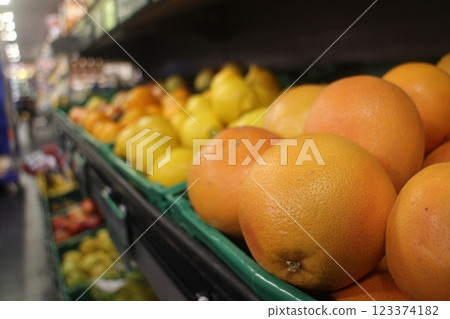 Fruit shelves in a supermarket in Albi, France Fruit shelves in a supermarket in Albi, France 123374182