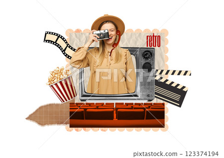 PNG, Poster Collage, girl with a camera in her hand, in front of a TV, isolated on a white background. PNG, Poster Collage, girl with a camera in her hand, in front of a TV, isolated on a white background. 123374194