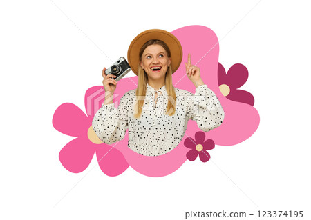 PNG, Poster Collage, girl with a camera in her hand, isolated on a white background. PNG, Poster Collage, girl with a camera in her hand, isolated on a white background. 123374195