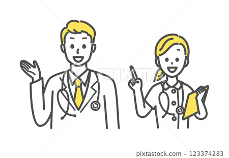 一組男女醫務工作者給予指導 一組男女醫務工作者給予指導 123374283