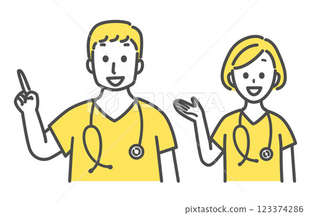 A set of male and female medical workers giving guidance A set of male and female medical workers giving guidance 123374286