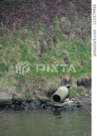 Water runoff pipe empties into river bordered by rocks, grass and soil on an embankment. 123374488