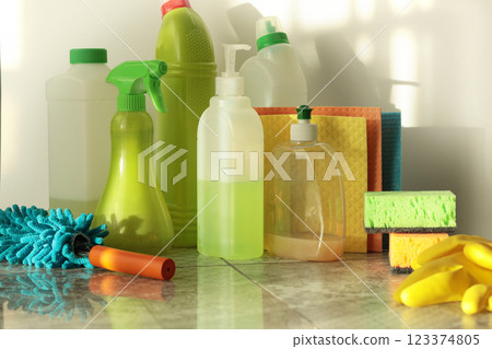 Household cleaning products and items for cleaning tile in house. Cleaning and cleanliness. 123374805